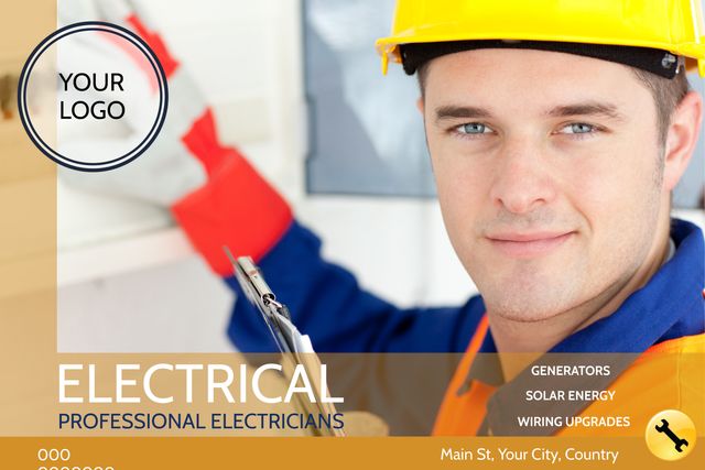 Friendly Electrician in Yellow Helmet Holding Clipboard - Download Free Stock Templates Pikwizard.com