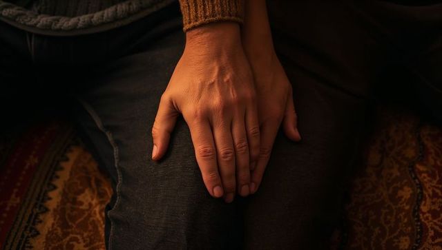 Resting hands on lap showing cozy textures, warm lighting and intimate closeup