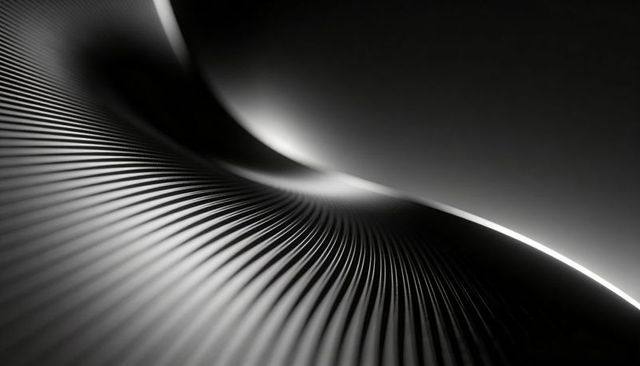 Monochrome curved ribbed surface flowing into rim light abstract groove pattern