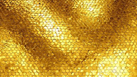 Golden Honeycomb Metal Texture with Beveled Hexagonal Tiles and Mirror Highlights