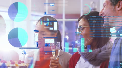 Business Team Celebrating Office Birthday with Data Interface