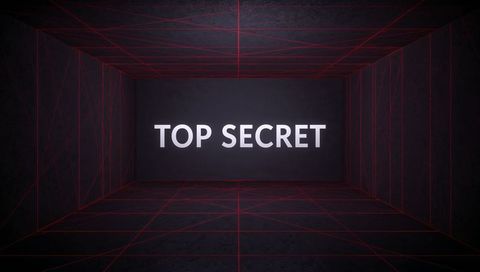 Top secret glowing typography in dark vault with red wireframe grid and deep perspective