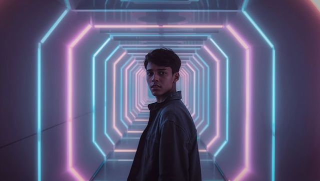 Young man standing in neon hex tunnel with cyan magenta LED lights