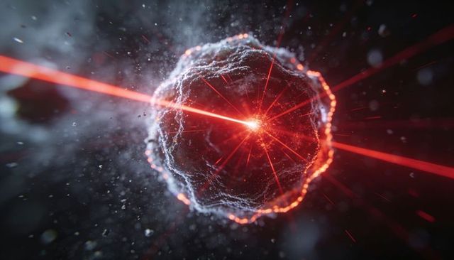 Pulsing glowing spherical core emitting focused red laser beam in dark cosmic void