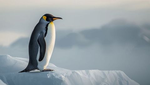 King Penguin Standing on Icy Edge with Glacier Backdrop