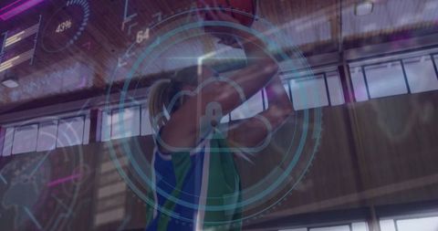 Female athlete in cutting-edge training environment with digital overlay