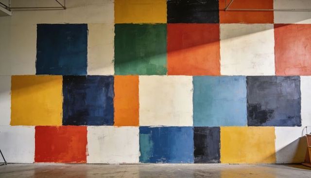 Large color block mural on industrial studio wall with textured geometric rectangles bold