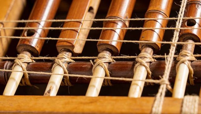 Handcrafted bamboo tuning pegs and twine detailing warm wood texture macro