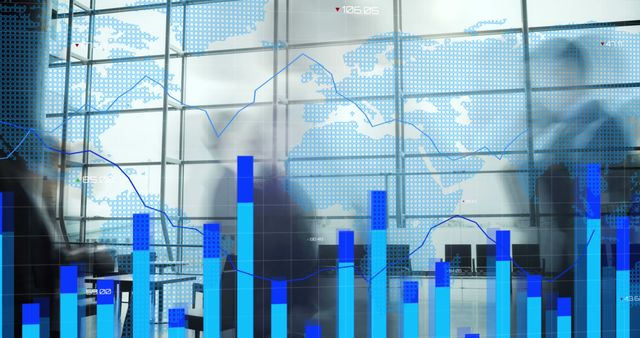 Depicts blurred business figures in front of windows with a world map and analytics graphs overlay. Useful for illustrating concepts related to global business analysis, financial data, market trends, and corporate strategy.
