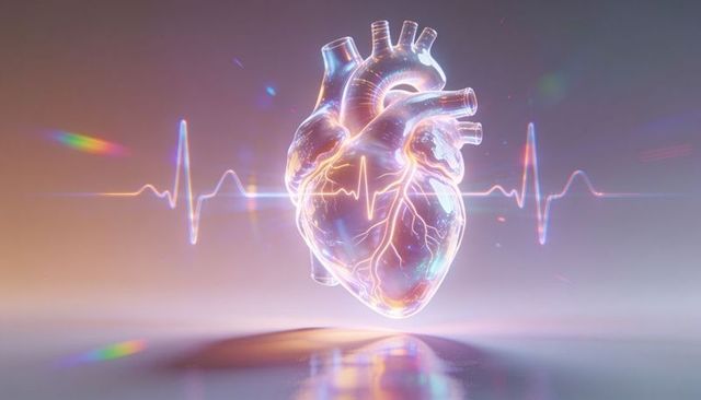 Holographic heart hovering with ecg waveform, glowing neon biomedical visualization for healthcare