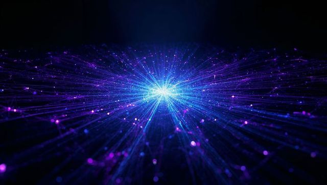 Radiating Quantum Core Emitting Neon Blue and Purple Network Filaments and Particles