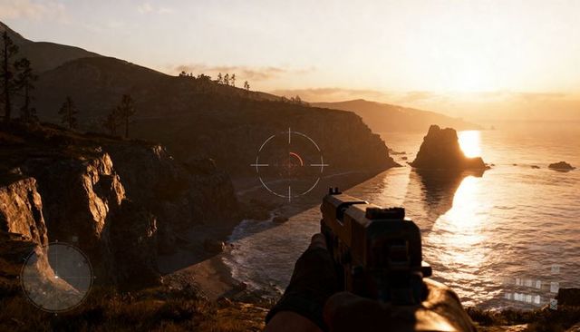 First-person aiming handgun at coastal sea stack during golden sunset with hud crosshair
