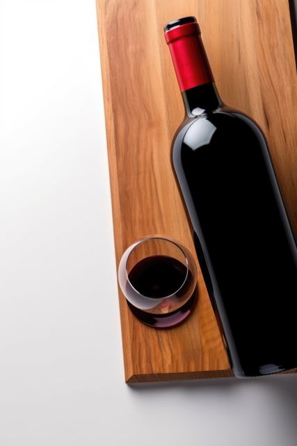 Red wine bottle paired with a partially filled glass on a glossy wooden cutting board. Ideal for themes of elegance, gourmet, and fine dining. Suitable for use in advertisements for wine, culinary blogs, dining establishments, and celebration invitations.