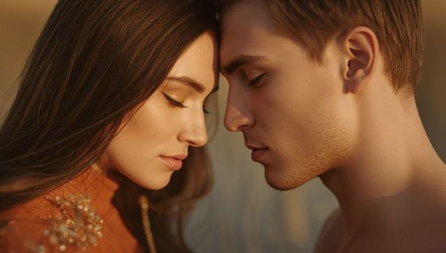 Sunlit intimate couple touching foreheads in golden glow romantic close-up warm tones