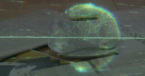 Coffee Cup and Data Interface Collage: Global Analytics and Innovation