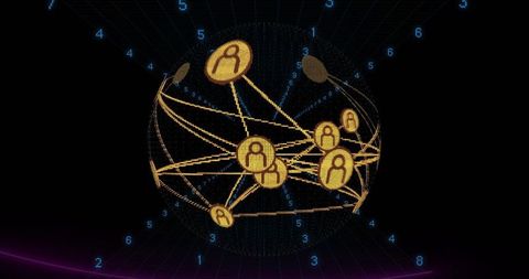 Rotating spherical network linking gold avatar nodes, neon blue data and purple grid