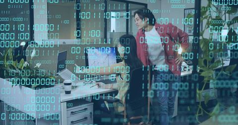 Tech Professionals Collaborating with Binary Code Overlay