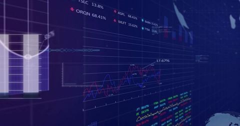 Displaying multi-series financial charts on futuristic neon dashboard with globe overlay