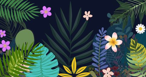 Colorful Jungle Leaves and Flowers on Dark Background