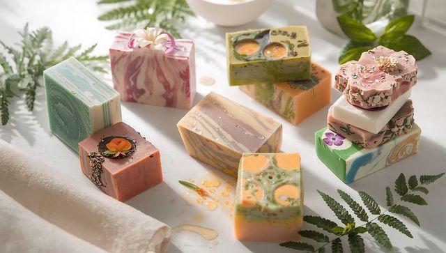 Handcrafted marbled soap bars with dried petals and botanical accents on white surface