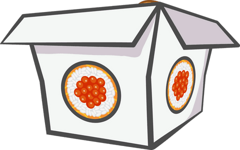 Stylized sushi box with circular motifs on transparent background