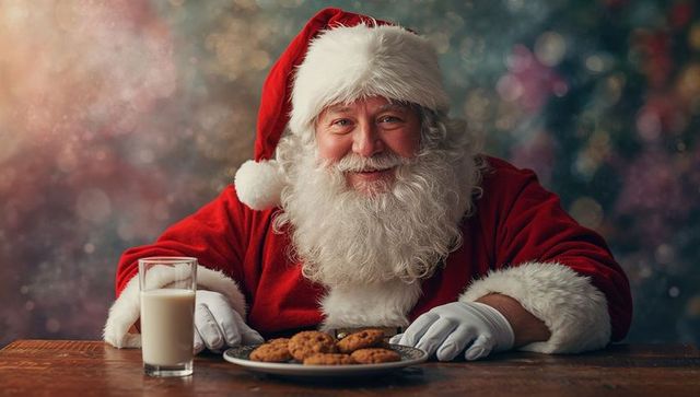 Jolly Santa Enjoying Cookies and Milk at Holiday Table