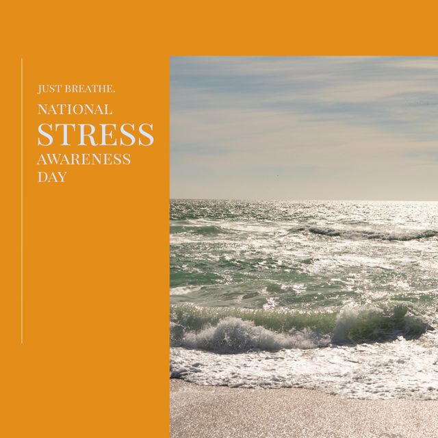 Illustration shows an inspiring quote 'Just Breathe' and 'National Stress Awareness Day' over a calming view of the sea. Can be used for campaigns promoting mental health, relaxation, and mindfulness. Suitable for posters, social media posts, and educational materials.