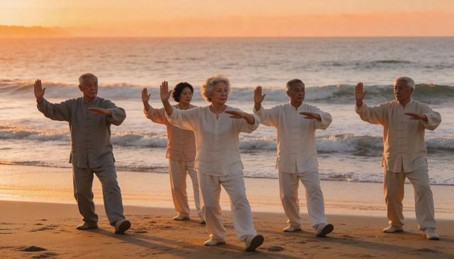 Seniors practicing tai chi on sunrise beach for balance, harmony and mindful movement