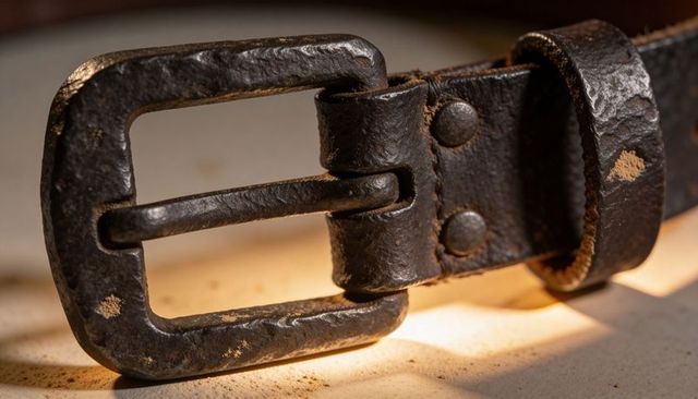 Worn Dark Brown Leather Belt Buckle Close-Up Showing Patina, Rivets and Weathered Texture