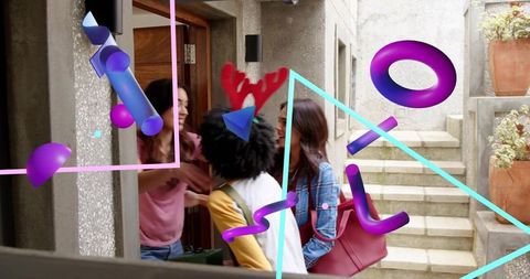 Friends greeting at front door with vibrant 3d abstract graphics urban home welcome