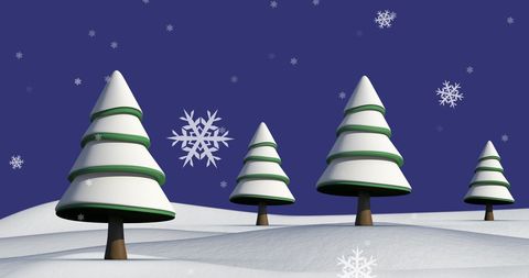 Snowy Fir Trees in Winter Landscape with Falling Snowflakes