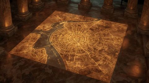 Glowing Golden Map Illuminating Ancient Marble Floor