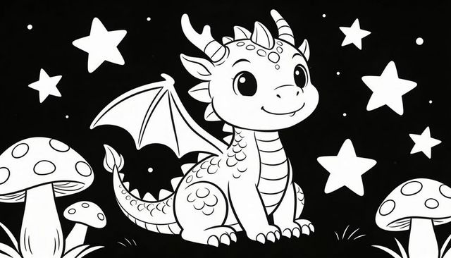 Smiling chubby dragon sitting in starry meadow line art coloring page for kids