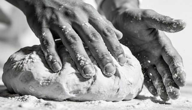 Hands kneading floured dough on workbench monochrome close-up baker preparing bread