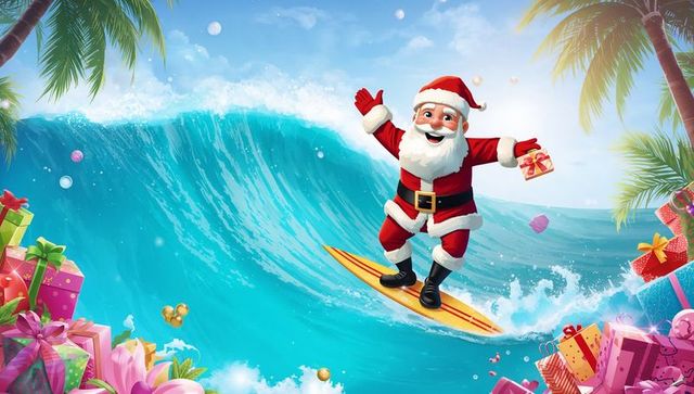 Santa claus surfing ocean wave amid holiday fun and presents