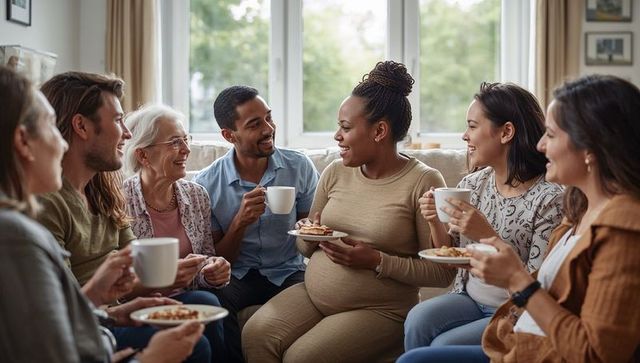 Pregnant woman celebrating with diverse friends at cozy living room baby shower
