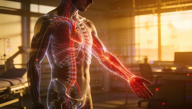 Holographic human anatomy revealing arterial network, skeleton and heart for medical visualization