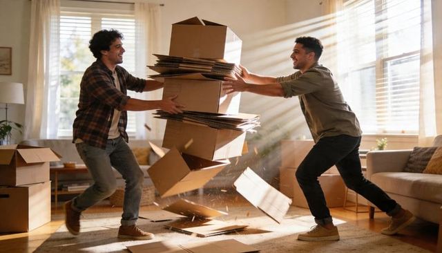 Two men catching collapsing stack of moving boxes in sunny living room, teamwork chaos