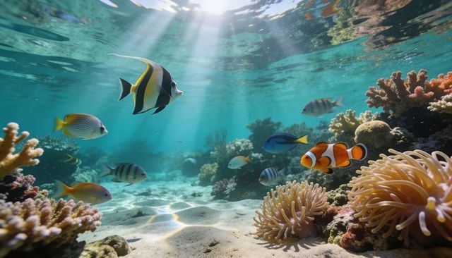 Clownfish swimming near anemone on sunlit coral reef with tropical fish and rays