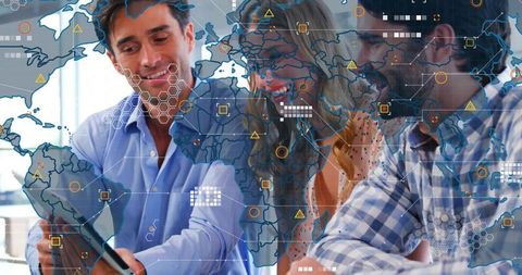 Team collaborating on tablet with world map overlay for data analytics and strategy