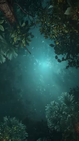 Vertical glowing blue orb illuminating jungle canopy with mystical bioluminescent rays