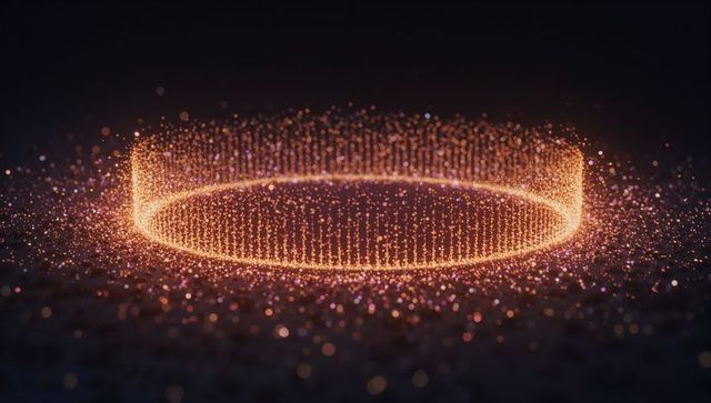 Floating luminous particle ring in dark futuristic space