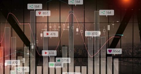 Financial dashboard overlaying candlestick and bar charts with social signals over urban skyline