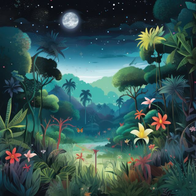 An enchanting night scene of a tropical forest illuminated by moonlight. The lush foliage, vibrant flowers, and towering trees create a serene and magical atmosphere. Ideal for use in fantasy illustrations, nature-themed projects, background artwork, and creative designs depicting mystic or tranquil environments.