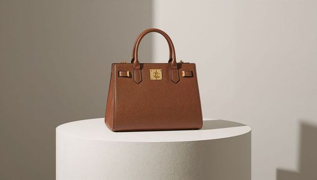 Brown leather structured handbag with gold plaque on white pedestal luxury minimal