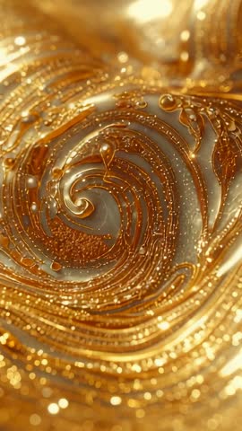 Spiraling Golden Gel Vortex Macro with Dripping Droplets and Glitter Bokeh