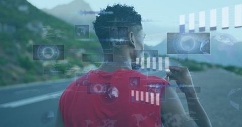 Man Interacting with Digital Data Interfaces on Smartphone