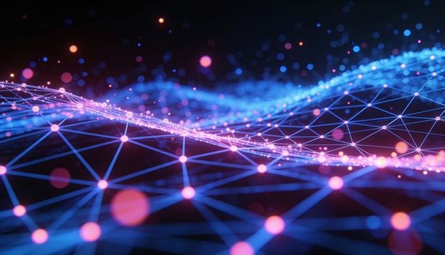 Neon network wave: glowing blue triangular mesh with pink nodes and particle trails