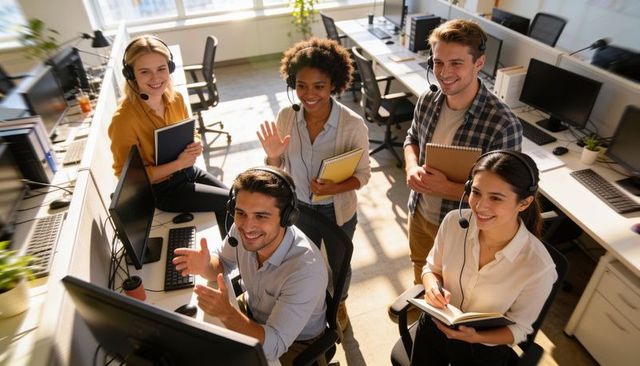 Collaborating customer support team wearing headsets in sunlit open-plan office workspace
