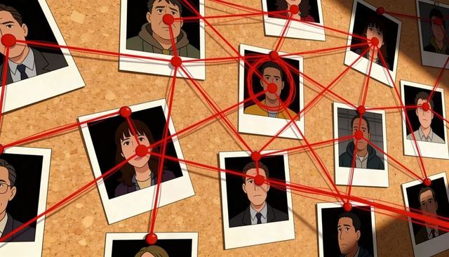 Corkboard Conspiracy Wall with Polaroid Headshots Connected by Red String and Pins